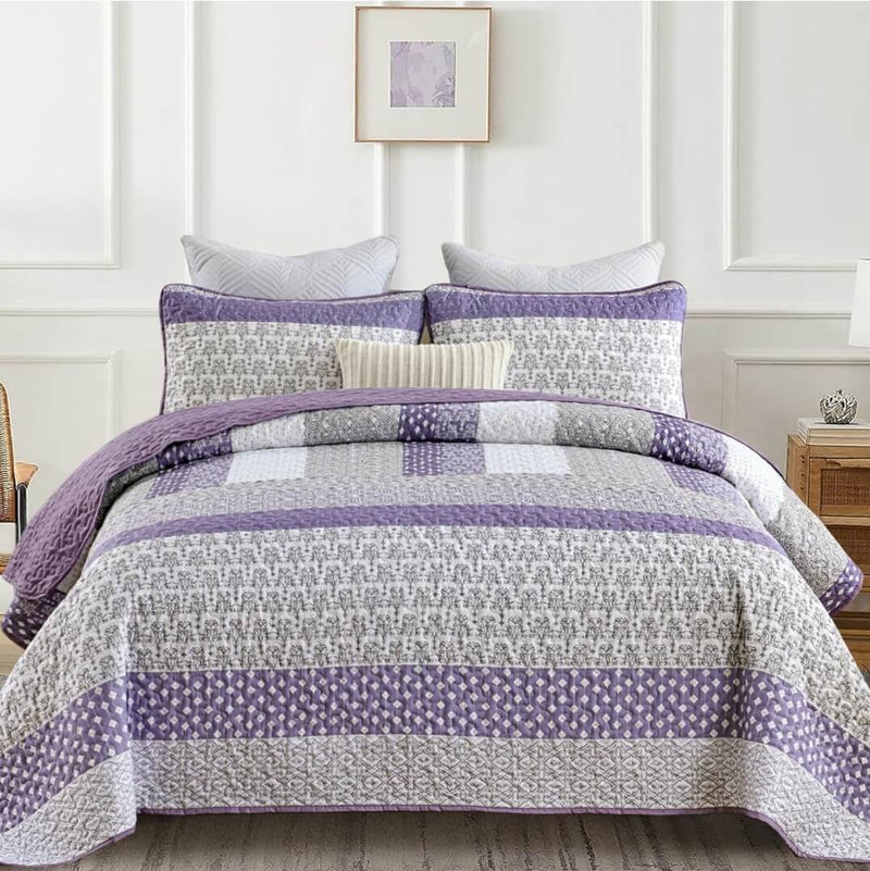 Purple Striped Patchwork Bedspread Coverlet Sets (3Pcs)