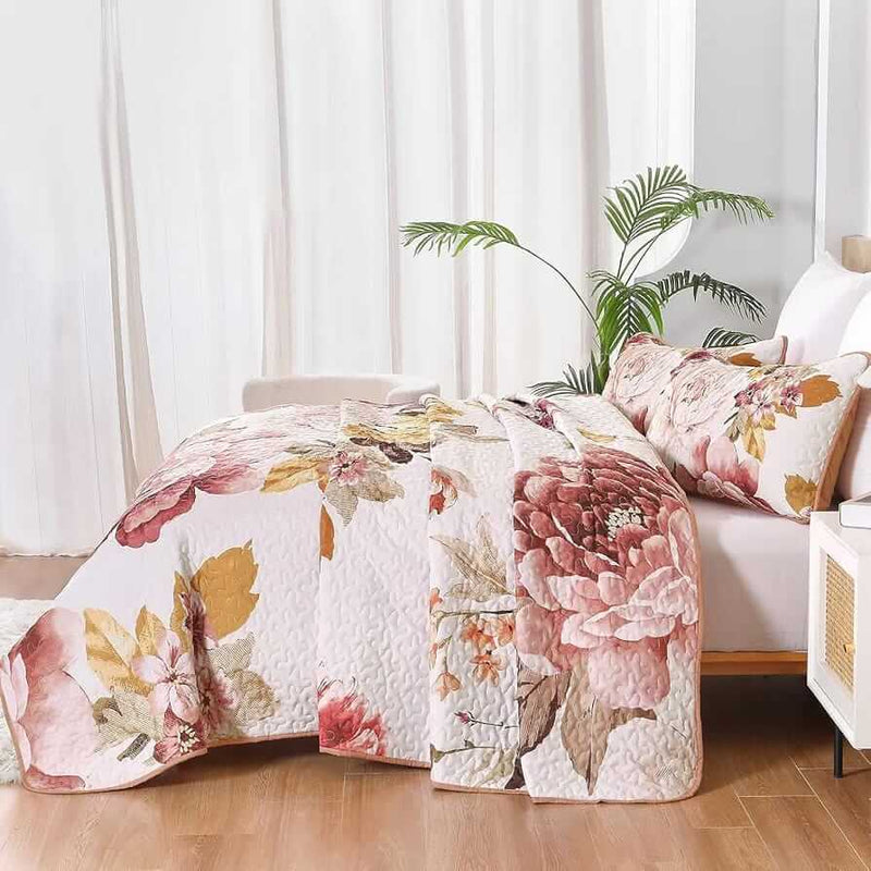 Light Pink Rose Quilted Bedspread Coverlet Set (3Pcs)