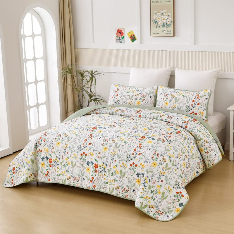 Green Floral Coverlet Set-Floral Quilted Bedspread Sets (3Pcs)