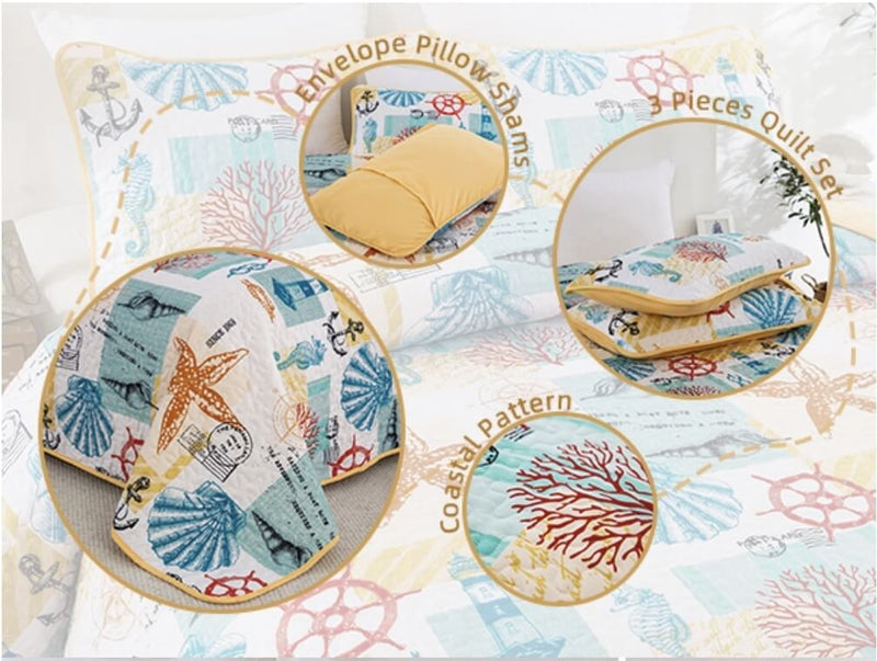 2025 Aquatic Design Quilted Bedspread Coverlet Sets (3Pcs)