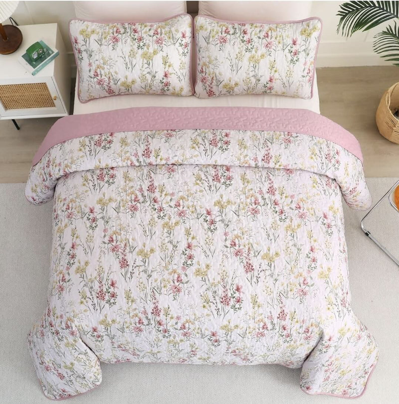 2025 Pink Floral Coverlet Set-Floral Quilted Bedspread Sets (3Pcs)