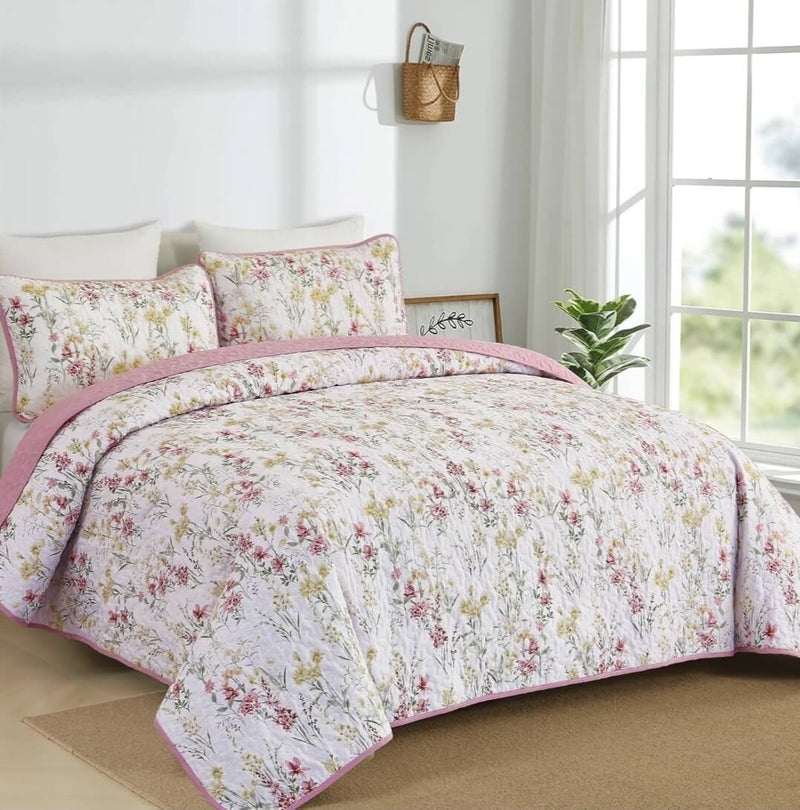 2025 Pink Floral Coverlet Set-Floral Quilted Bedspread Sets (3Pcs)
