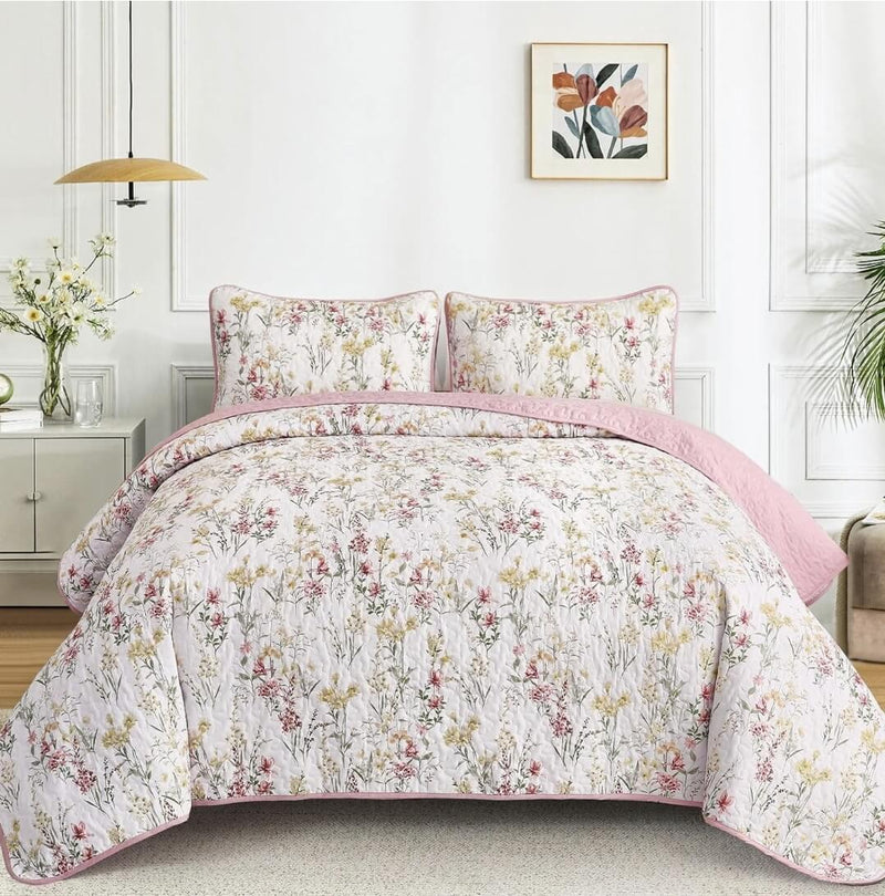 2025 Pink Floral Coverlet Set-Floral Quilted Bedspread Sets (3Pcs)