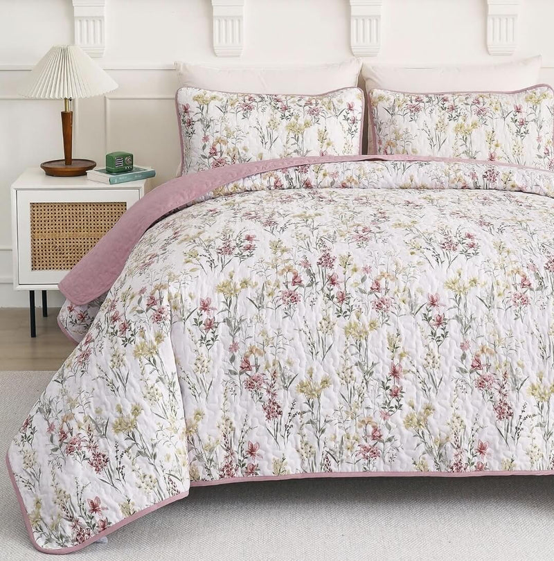 2025 Pink Floral Coverlet Set-Floral Quilted Bedspread Sets (3Pcs)