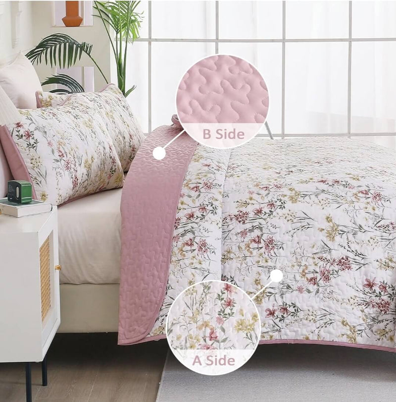 2025 Pink Floral Coverlet Set-Floral Quilted Bedspread Sets (3Pcs)