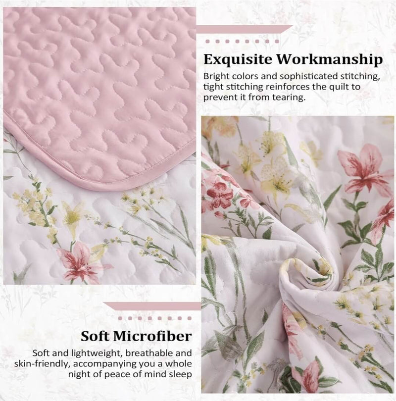 2025 Pink Floral Coverlet Set-Floral Quilted Bedspread Sets (3Pcs)
