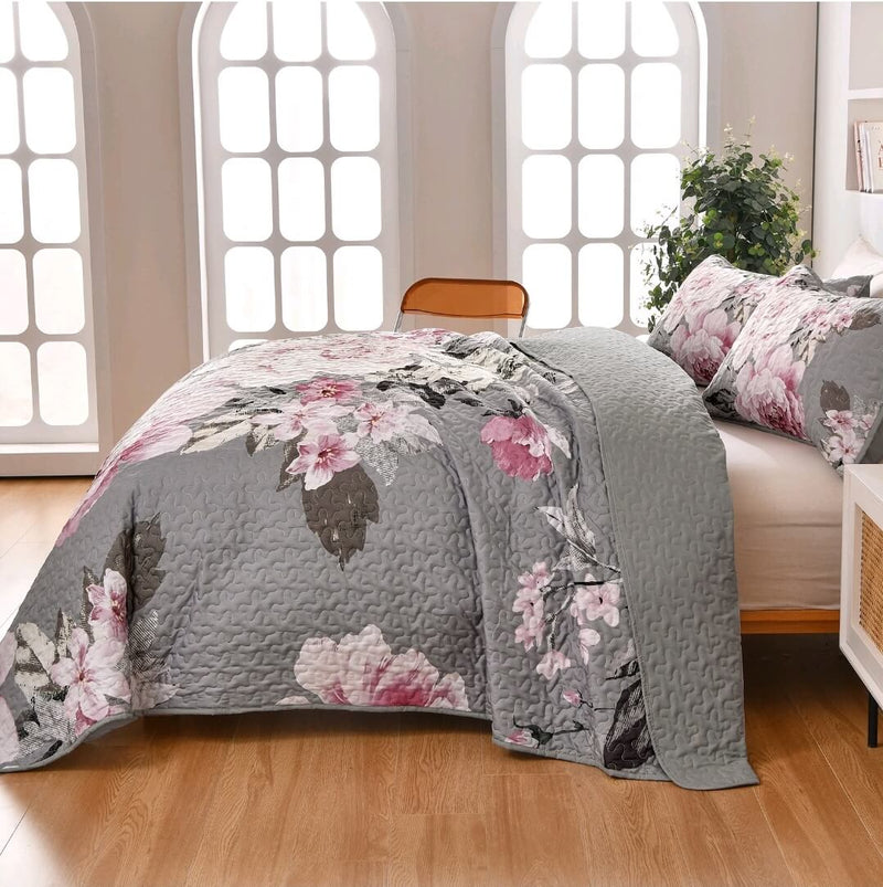 Grey Base Pink Coverlet Set-Floral Quilted Bedspread Sets (3Pcs)