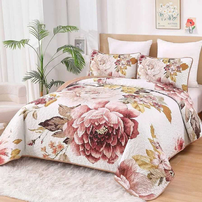 Light Pink Rose Quilted Bedspread Coverlet Set (3Pcs)