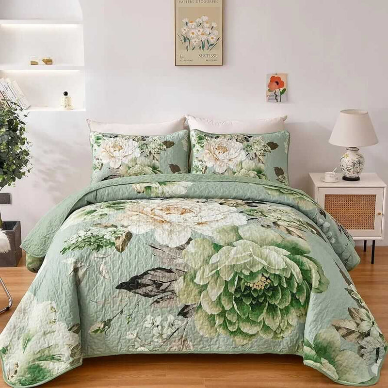 Floral Green Bedspread Coverlet Set-Quilted Bedspread Sets (3Pcs)