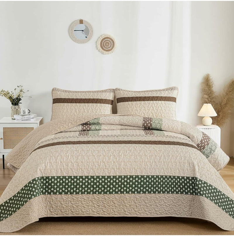 Beige & Olive Green Striped Quilted Bedspread Set-Minimalist Rustic Coverlet (3Pcs)