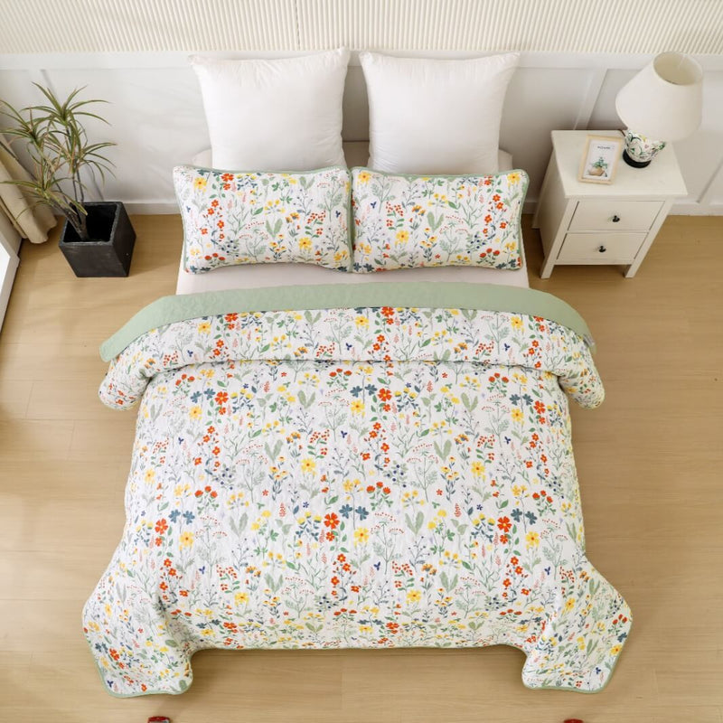 Green Floral Coverlet Set-Floral Quilted Bedspread Sets (3Pcs)