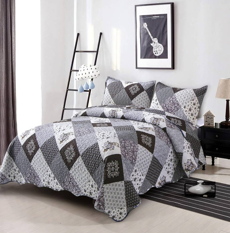 2025 Grey Patchwork Coverlet Set-Quilted Bedspread Sets (3Pcs)
