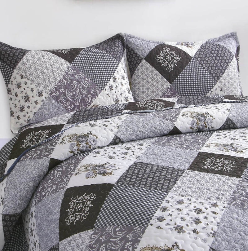 2025 Grey Patchwork Coverlet Set-Quilted Bedspread Sets (3Pcs)