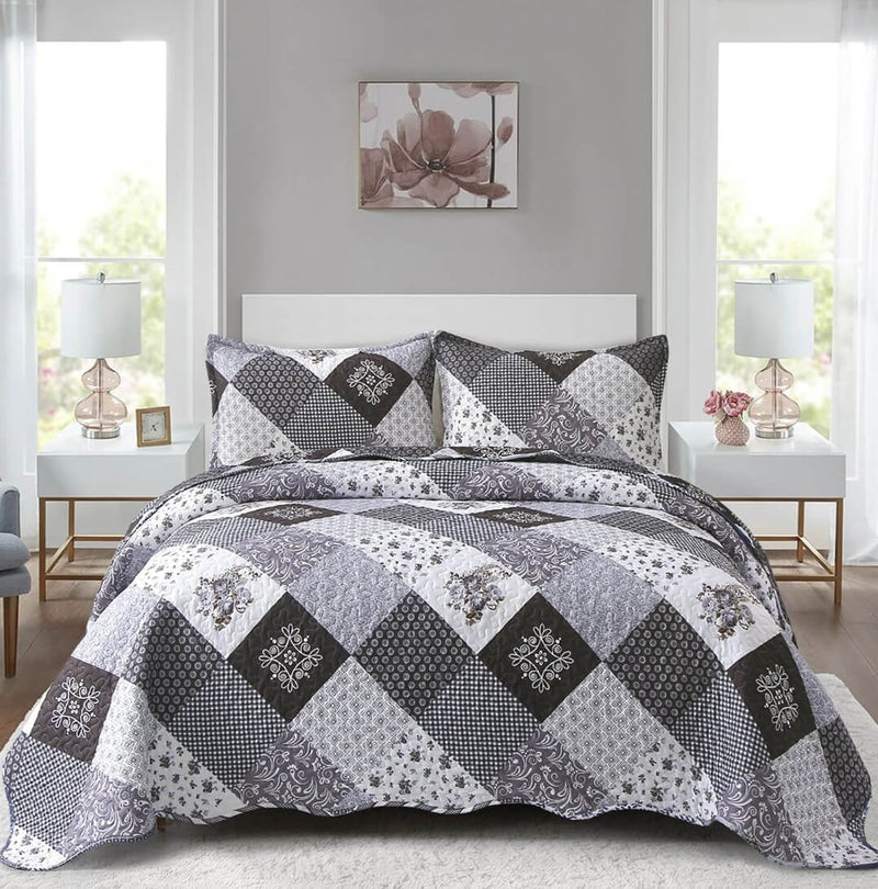 2025 Grey Patchwork Coverlet Set-Quilted Bedspread Sets (3Pcs)