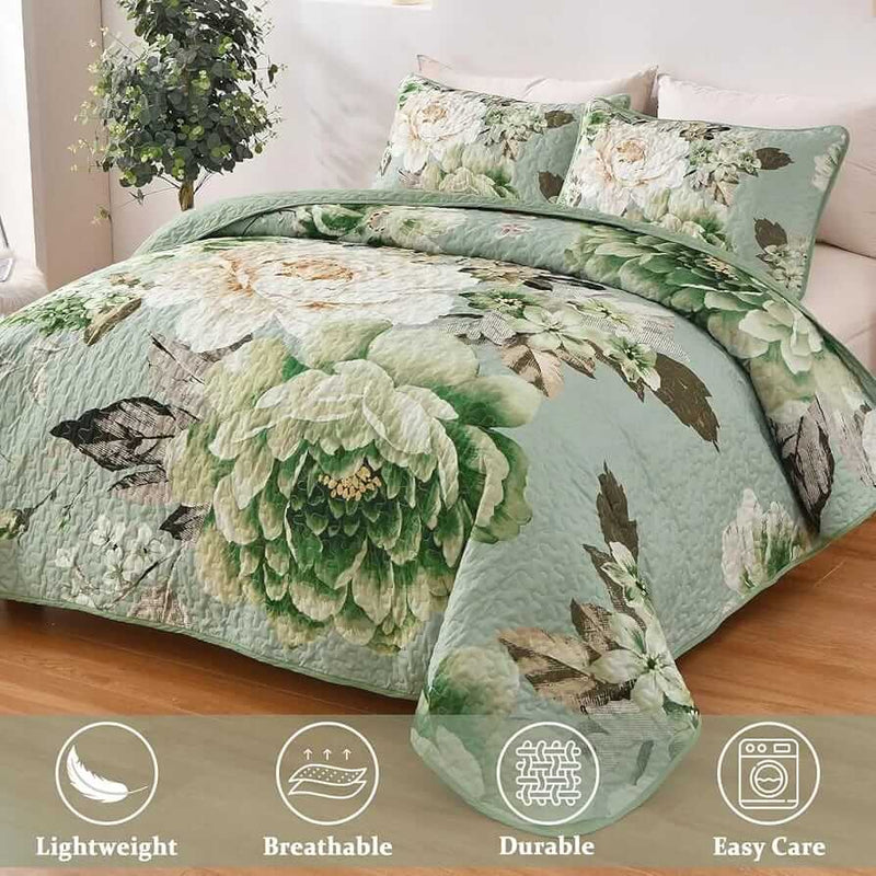 Floral Green Bedspread Coverlet Set-Quilted Bedspread Sets (3Pcs)