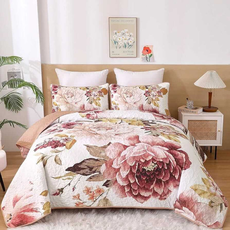 Light Pink Rose Quilted Bedspread Coverlet Set (3Pcs)