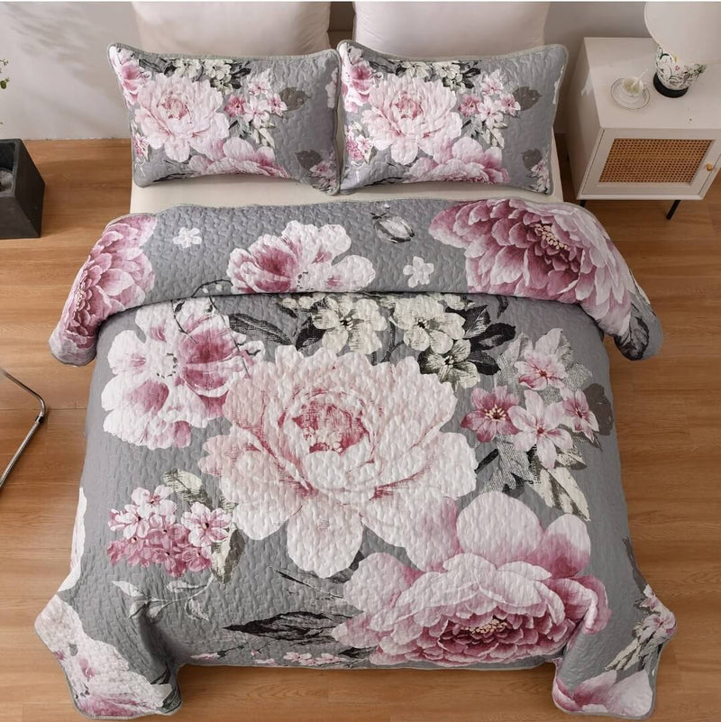 Grey Base Pink Coverlet Set-Floral Quilted Bedspread Sets (3Pcs)