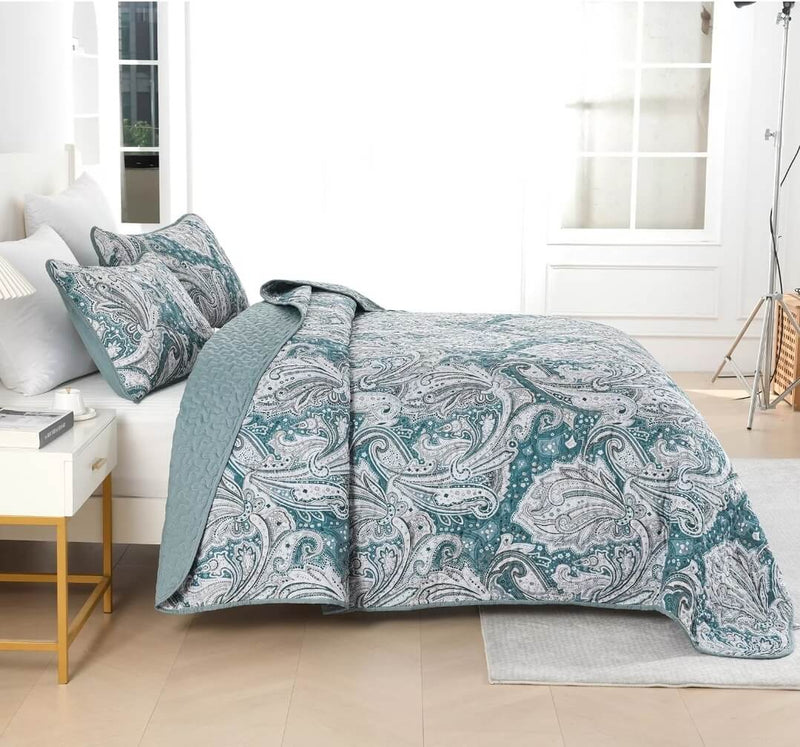 Blue Paisley Coverlet Set-Quilted Bedspread Sets (3Pcs)