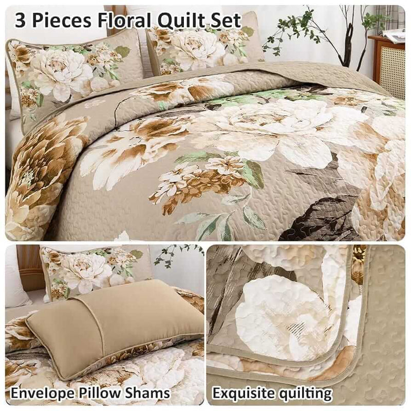 2025 Beige Floral Coverlet Set-Quilted Bedspread Sets (3Pcs)