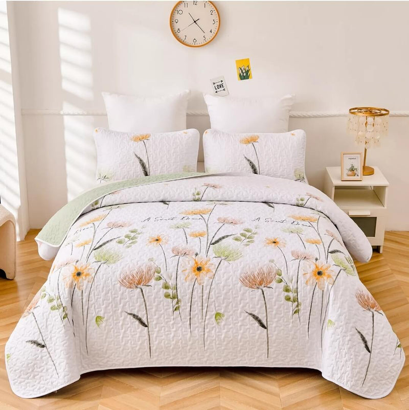 Light Green Flower Coverlet Set-Floral Quilted Bedspread Sets (3Pcs)