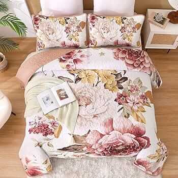 Light Pink Rose Quilted Bedspread Coverlet Set (3Pcs)