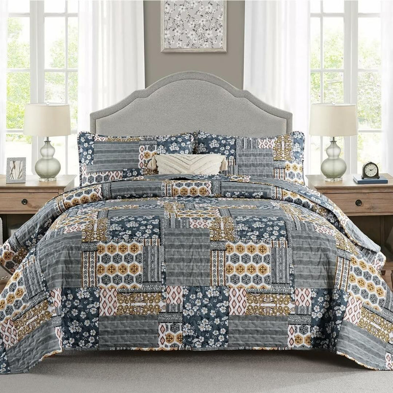 Charcoal Grey Patchwork Quilted Bedspread Set - Geometric Coverlet Ensemble (3Pcs)