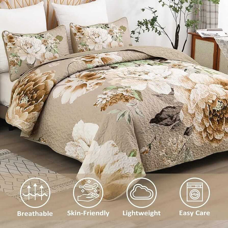 2025 Beige Floral Coverlet Set-Quilted Bedspread Sets (3Pcs)