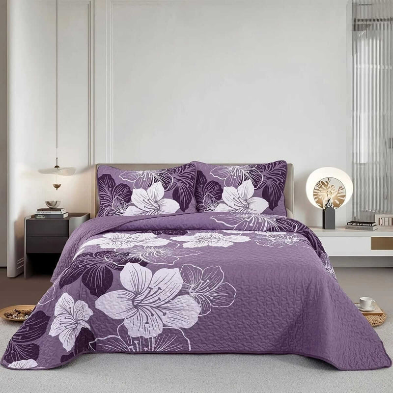 Purple Floral Quilted Bedspread Set - Soft & Breathable Coverlet Set (3Pcs)