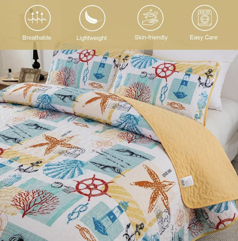 2025 Aquatic Design Quilted Bedspread Coverlet Sets (3Pcs)