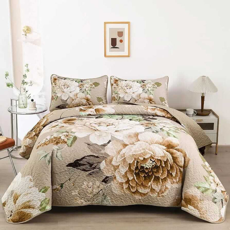2025 Beige Floral Coverlet Set-Quilted Bedspread Sets (3Pcs)