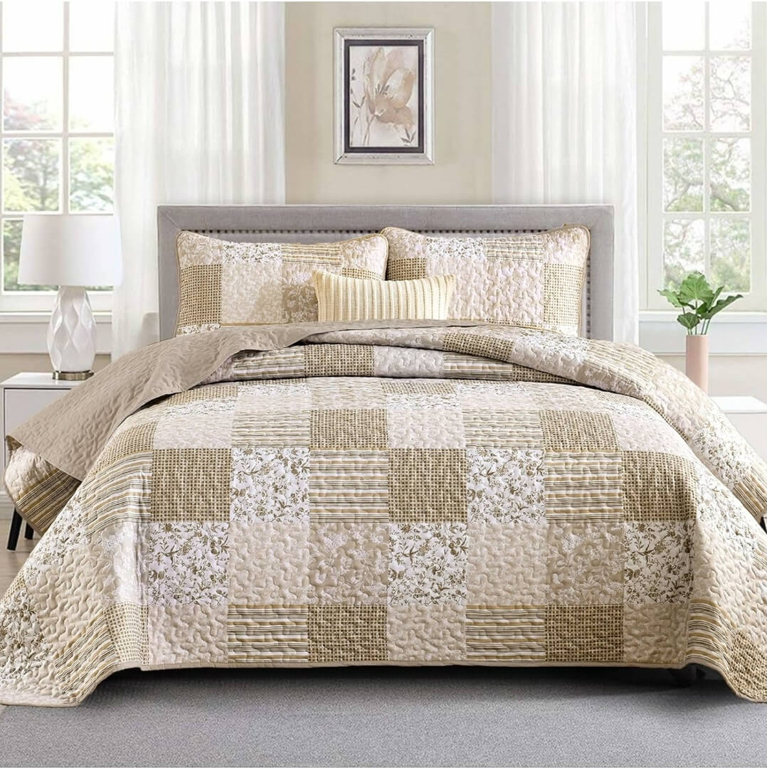 2025 Beige Geometric Coverlet Set-Quilted Bedspread Sets (3Pcs)