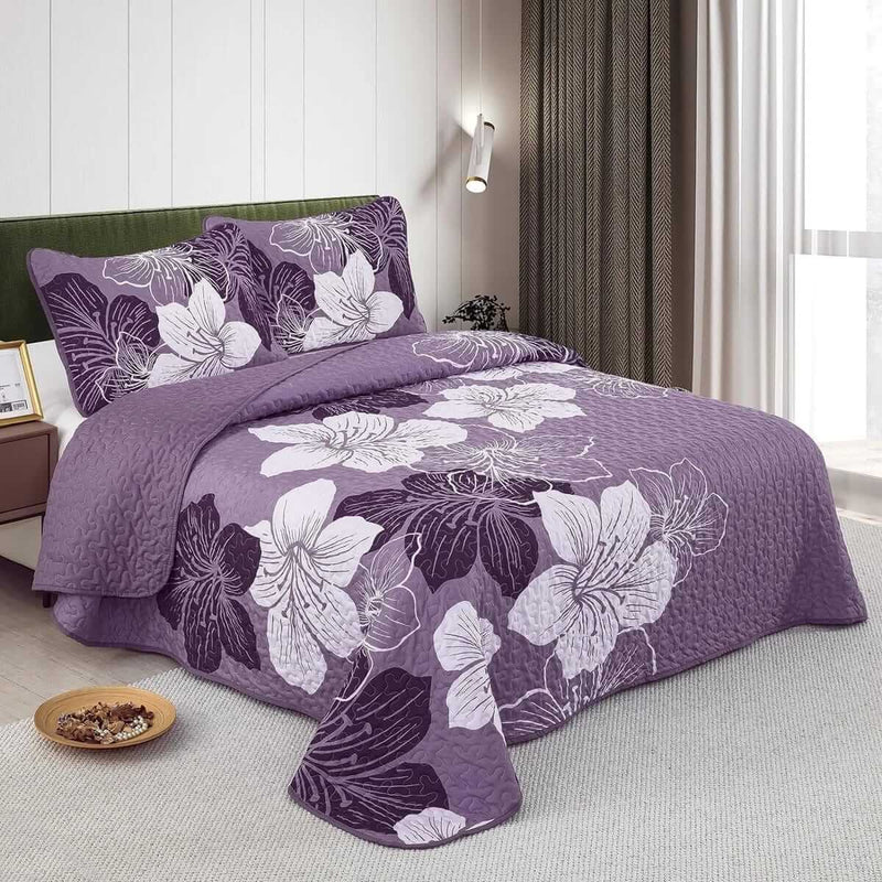 Purple Floral Quilted Bedspread Set - Soft & Breathable Coverlet Set (3Pcs)