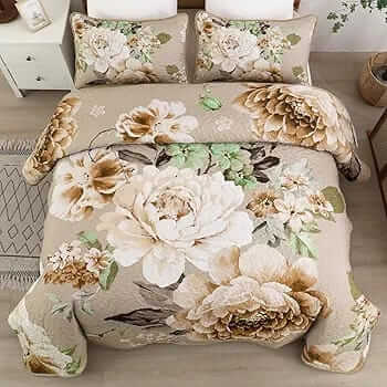 2025 Beige Floral Coverlet Set-Quilted Bedspread Sets (3Pcs)