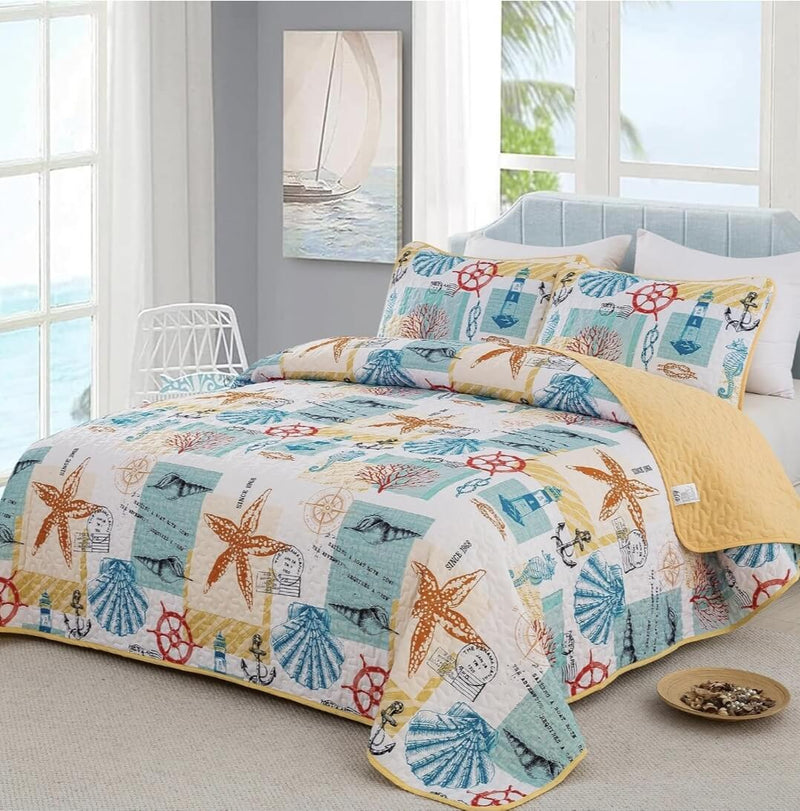 2025 Aquatic Design Quilted Bedspread Coverlet Sets (3Pcs)