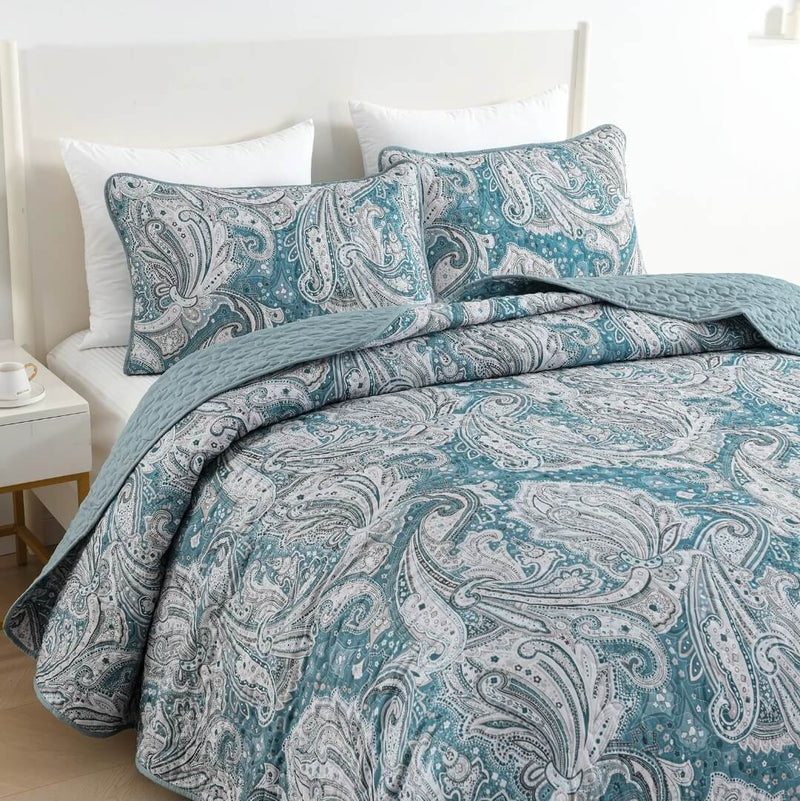 Blue Paisley Coverlet Set-Quilted Bedspread Sets (3Pcs)