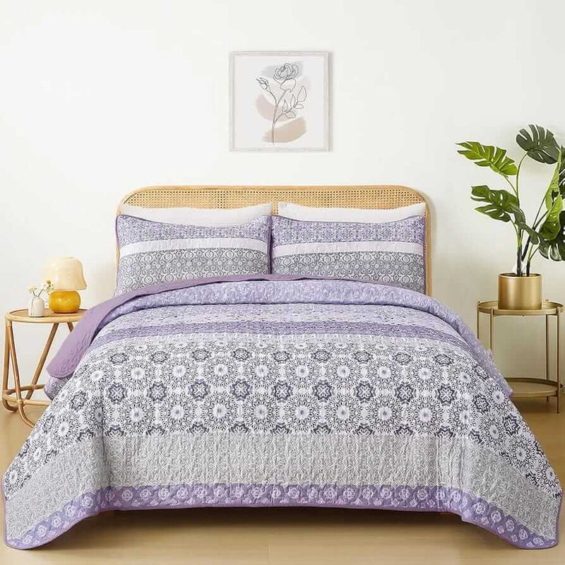 Purple Moroccan Geometric Quilted Bedspread Coverlet Set (3Pcs)