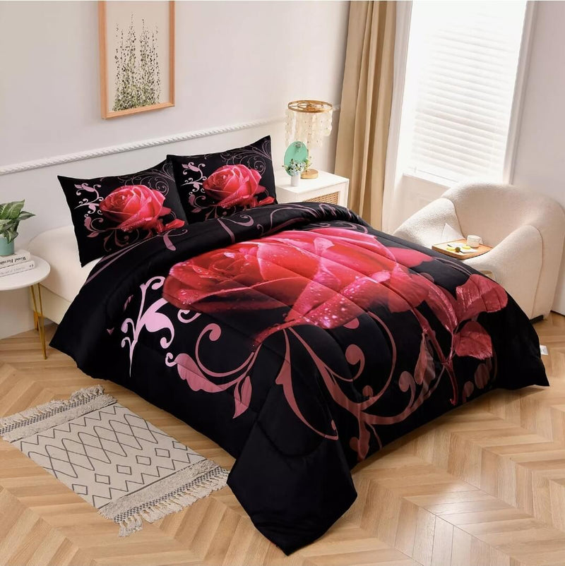 Black Base Red Floral Comforter Set-Quilt Set (3Pcs)