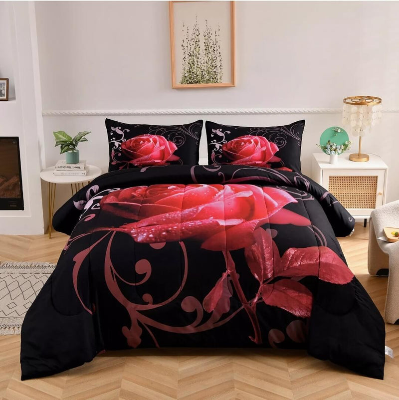 Black Base Red Floral Comforter Set-Quilt Set (3Pcs)