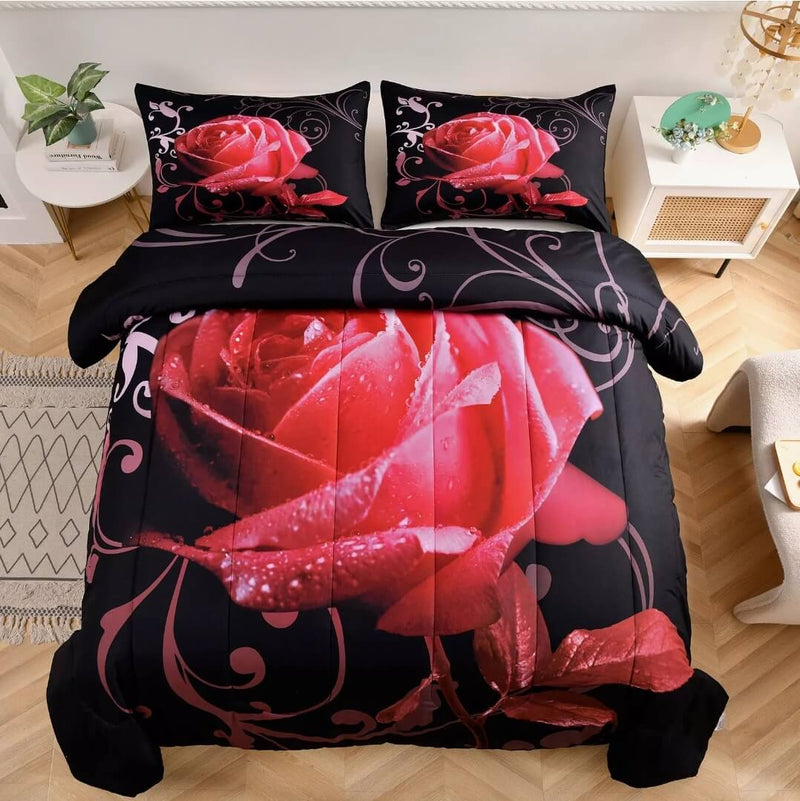 Black Base Red Floral Comforter Set-Quilt Set (3Pcs)