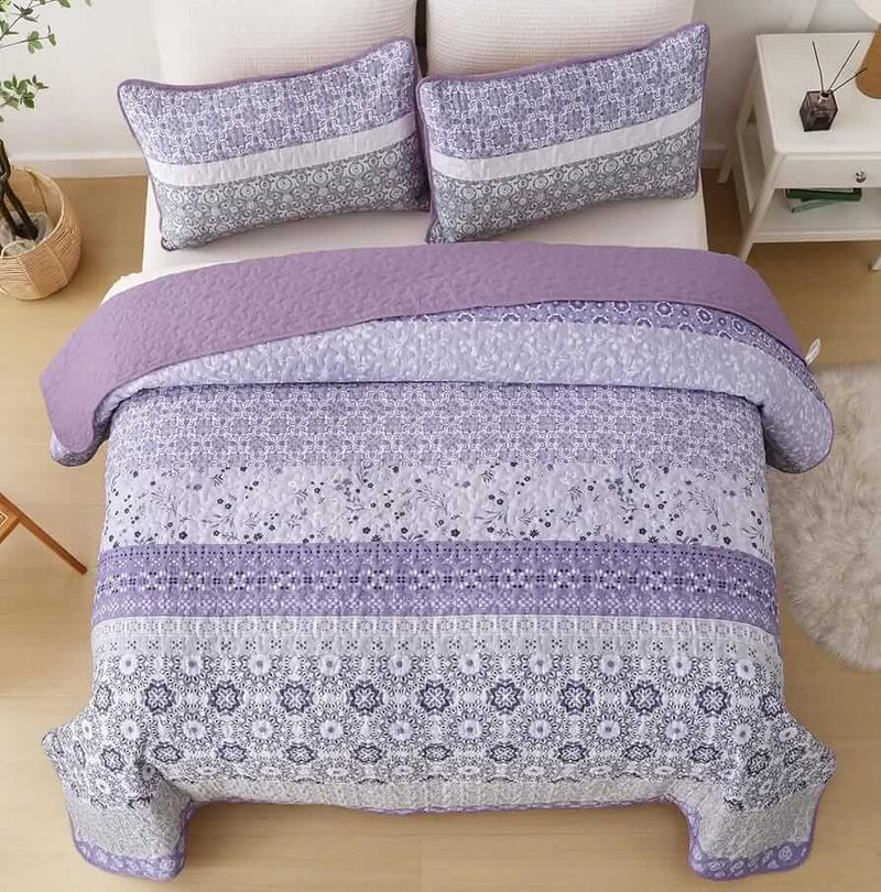 Purple Moroccan Geometric Quilted Bedspread Coverlet Set (3Pcs)