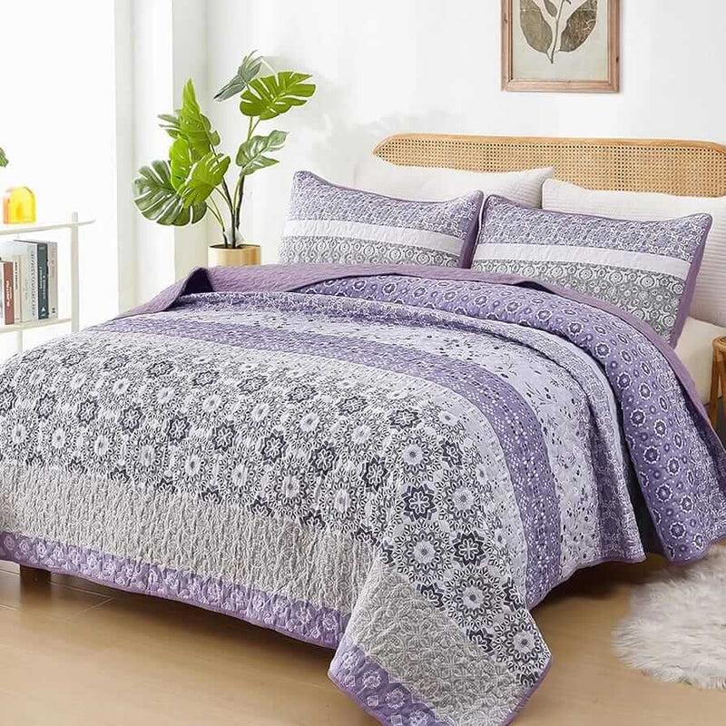 Purple Moroccan Geometric Quilted Bedspread Coverlet Set (3Pcs)