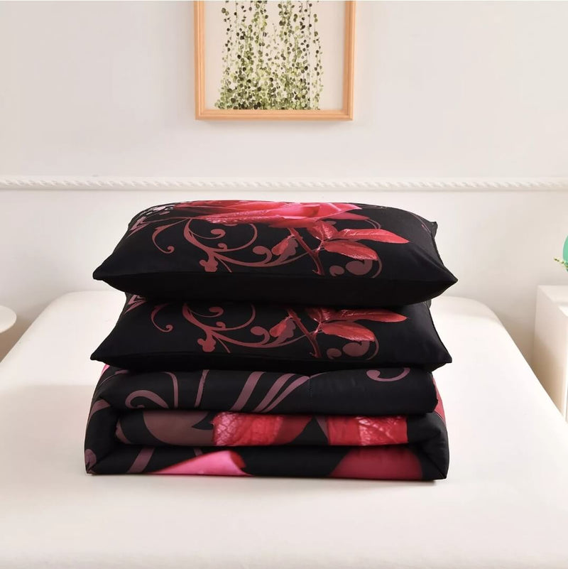 Black Base Red Floral Comforter Set-Quilt Set (3Pcs)