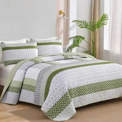 Oilve Green Striped Coverlet Set-Quilted Bedspread Sets (3Pcs)