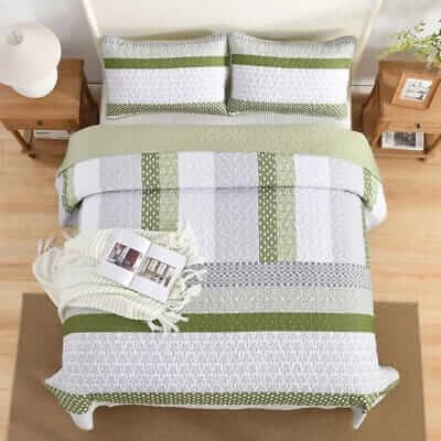 Oilve Green Striped Coverlet Set-Quilted Bedspread Sets (3Pcs)