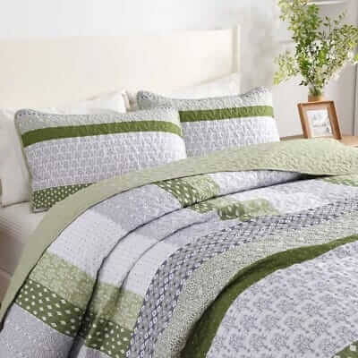 Oilve Green Striped Coverlet Set-Quilted Bedspread Sets (3Pcs)