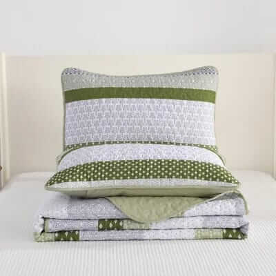 Oilve Green Striped Coverlet Set-Quilted Bedspread Sets (3Pcs)
