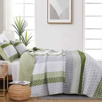 Oilve Green Striped Coverlet Set-Quilted Bedspread Sets (3Pcs)