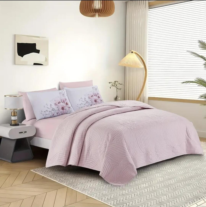 2025 Pink Base Floral Quilted Bedspread Coverlet Sets (3Pcs)