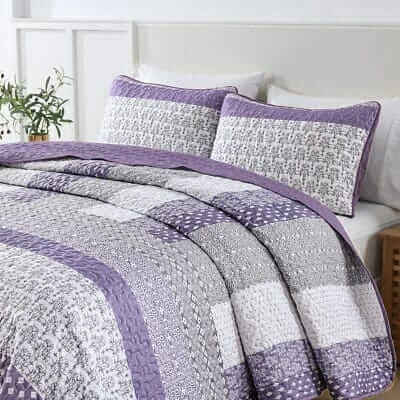 Purple Striped Patchwork Bedspread Coverlet Sets (3Pcs)