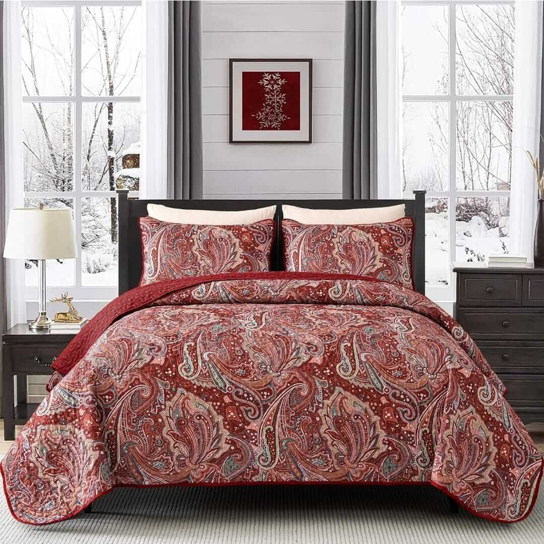 Red Paisley Coverlet Set-Quilted Bedspread Sets (3Pcs)-Sydney Stock